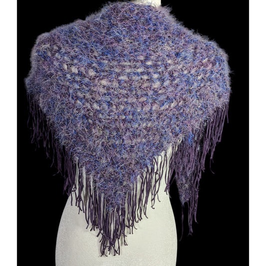 Whimsygoth Handmade Vintage Eyelash Yarn Triangle Shawl With 6-Inch Fringe Purple And Blue 56" X 23"