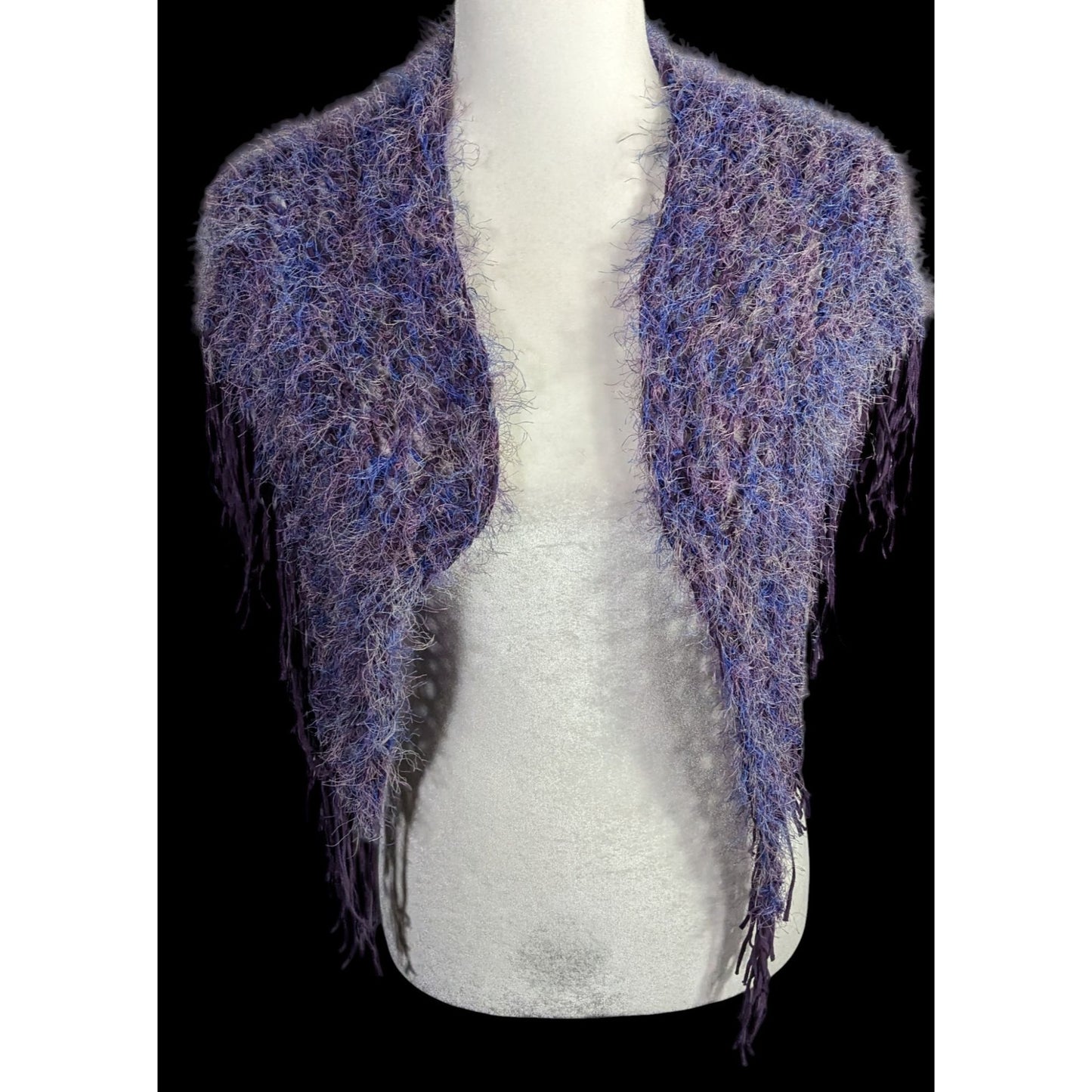 Whimsygoth Handmade Vintage Eyelash Yarn Triangle Shawl With 6-Inch Fringe Purple And Blue 56" X 23"