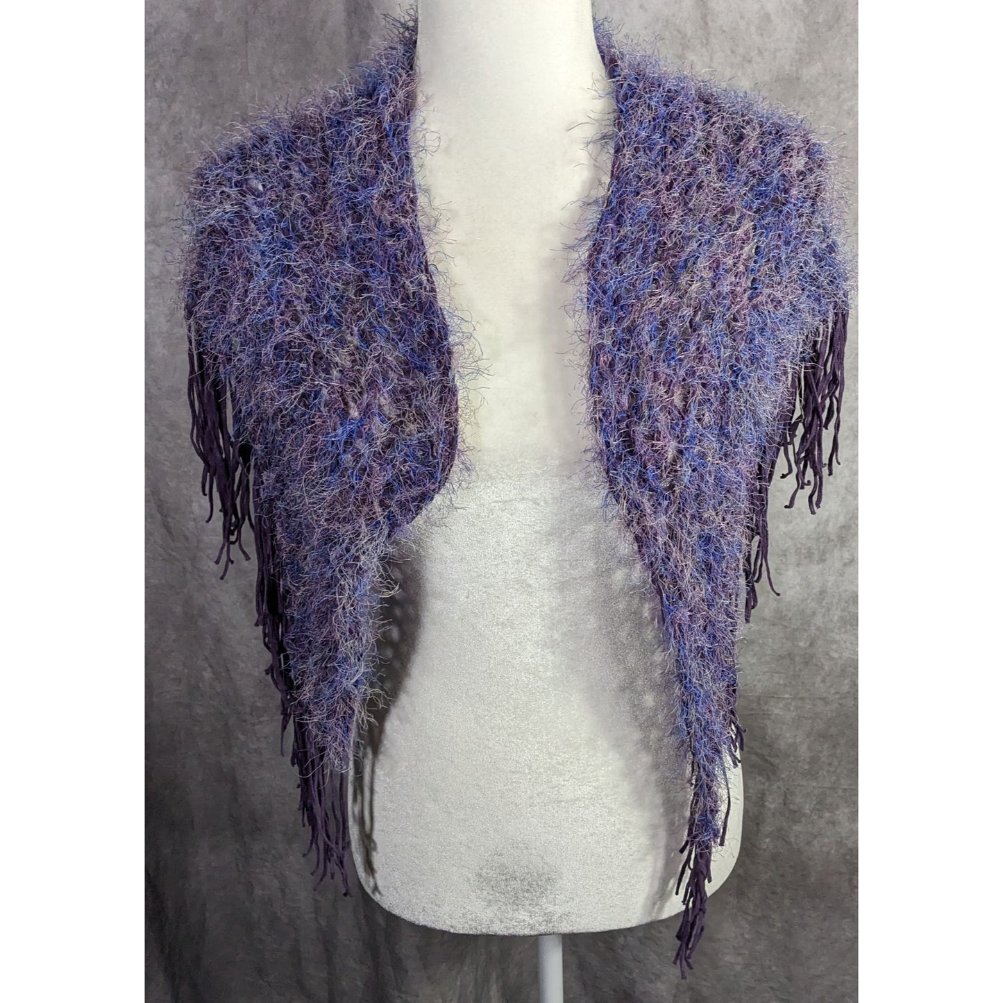 Whimsygoth Handmade Vintage Eyelash Yarn Triangle Shawl With 6-Inch Fringe Purple And Blue 56" X 23"