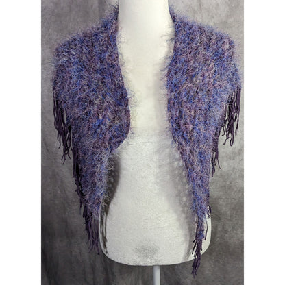 Whimsygoth Handmade Vintage Eyelash Yarn Triangle Shawl With 6-Inch Fringe Purple And Blue 56" X 23"