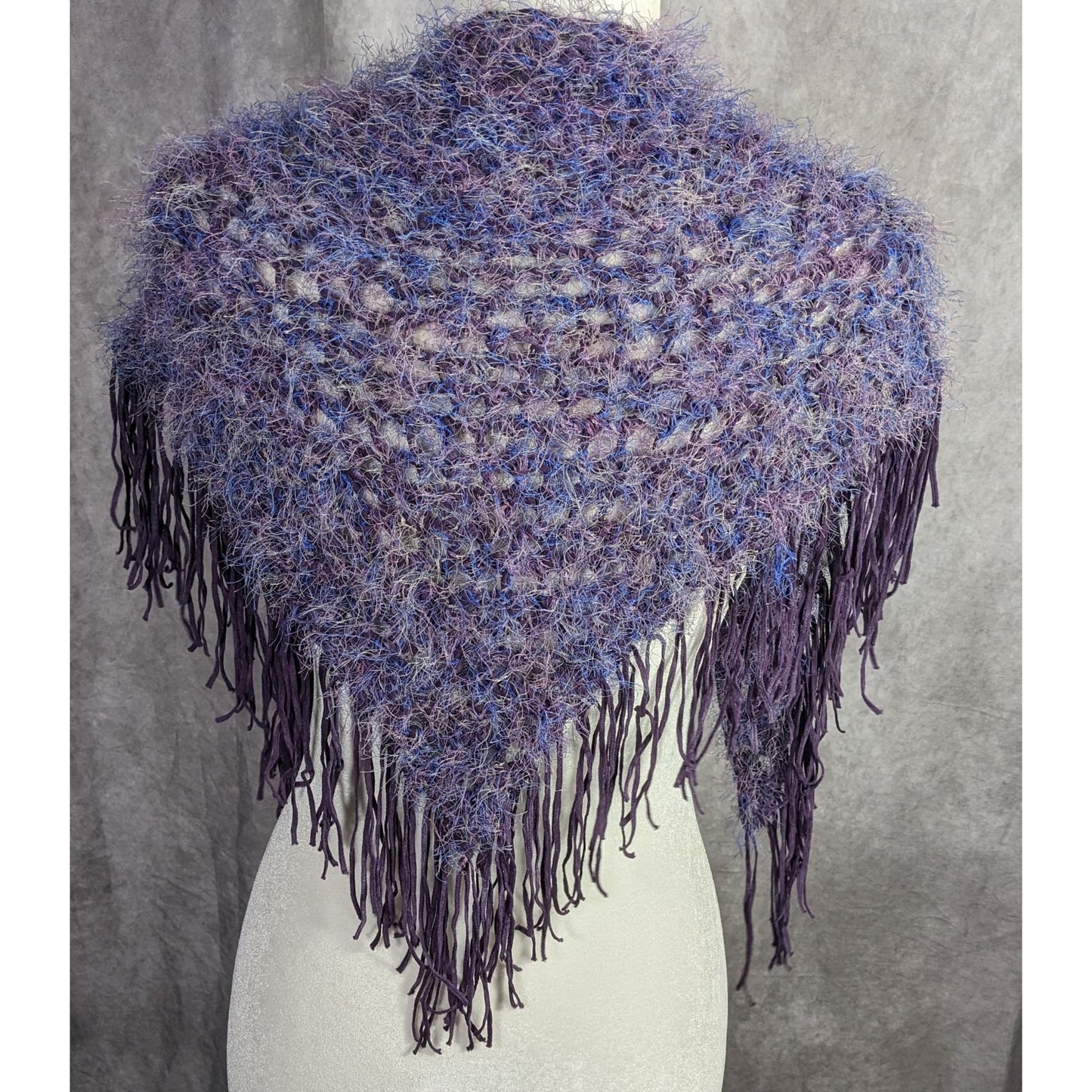 Whimsygoth Handmade Vintage Eyelash Yarn Triangle Shawl With 6-Inch Fringe Purple And Blue 56" X 23"