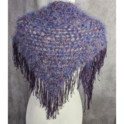 Whimsygoth Handmade Vintage Eyelash Yarn Triangle Shawl With 6-Inch Fringe Purple And Blue 56" X 23"
