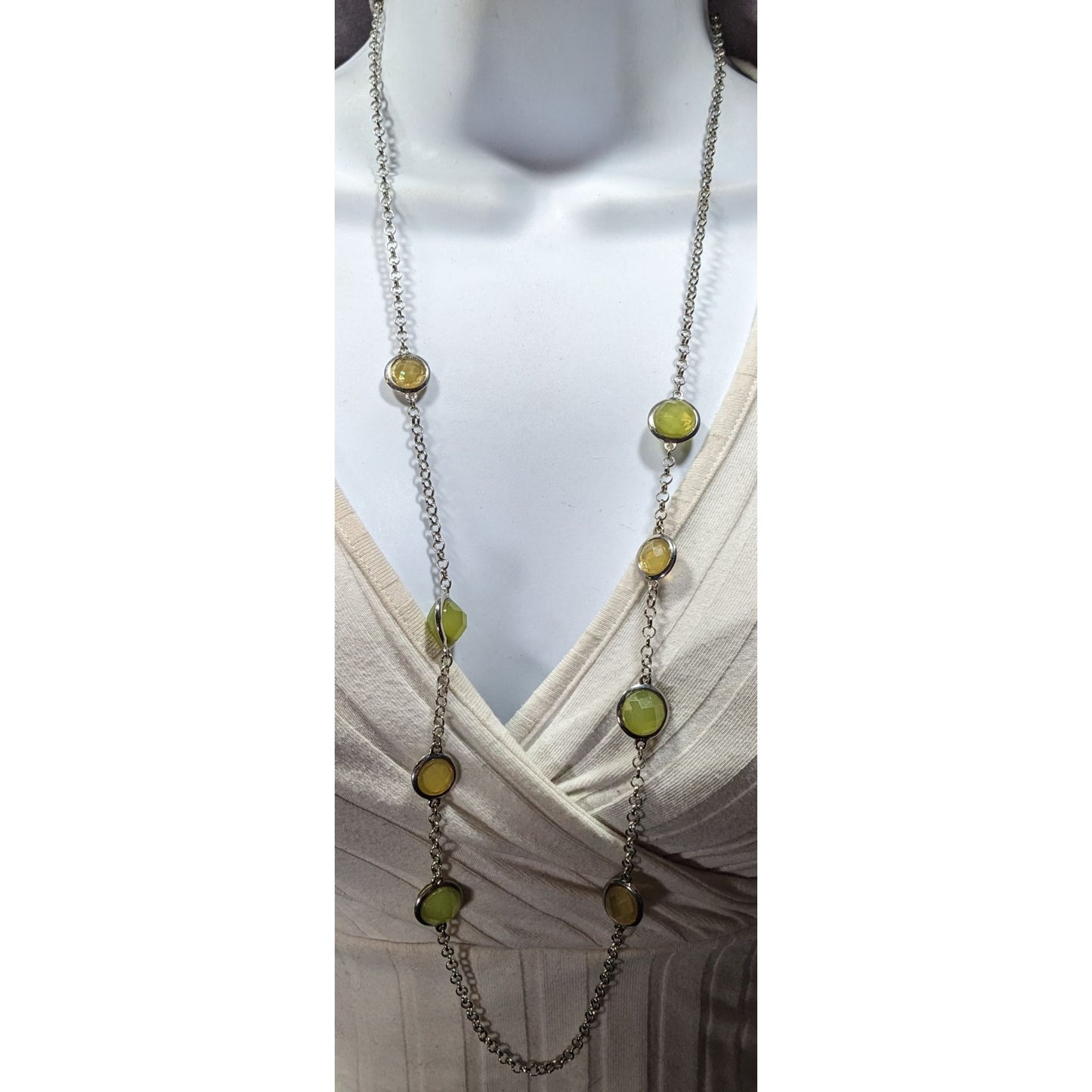 Loft Green And Yellow Gemmed Station Necklace On Silver Tone Rolo Chain