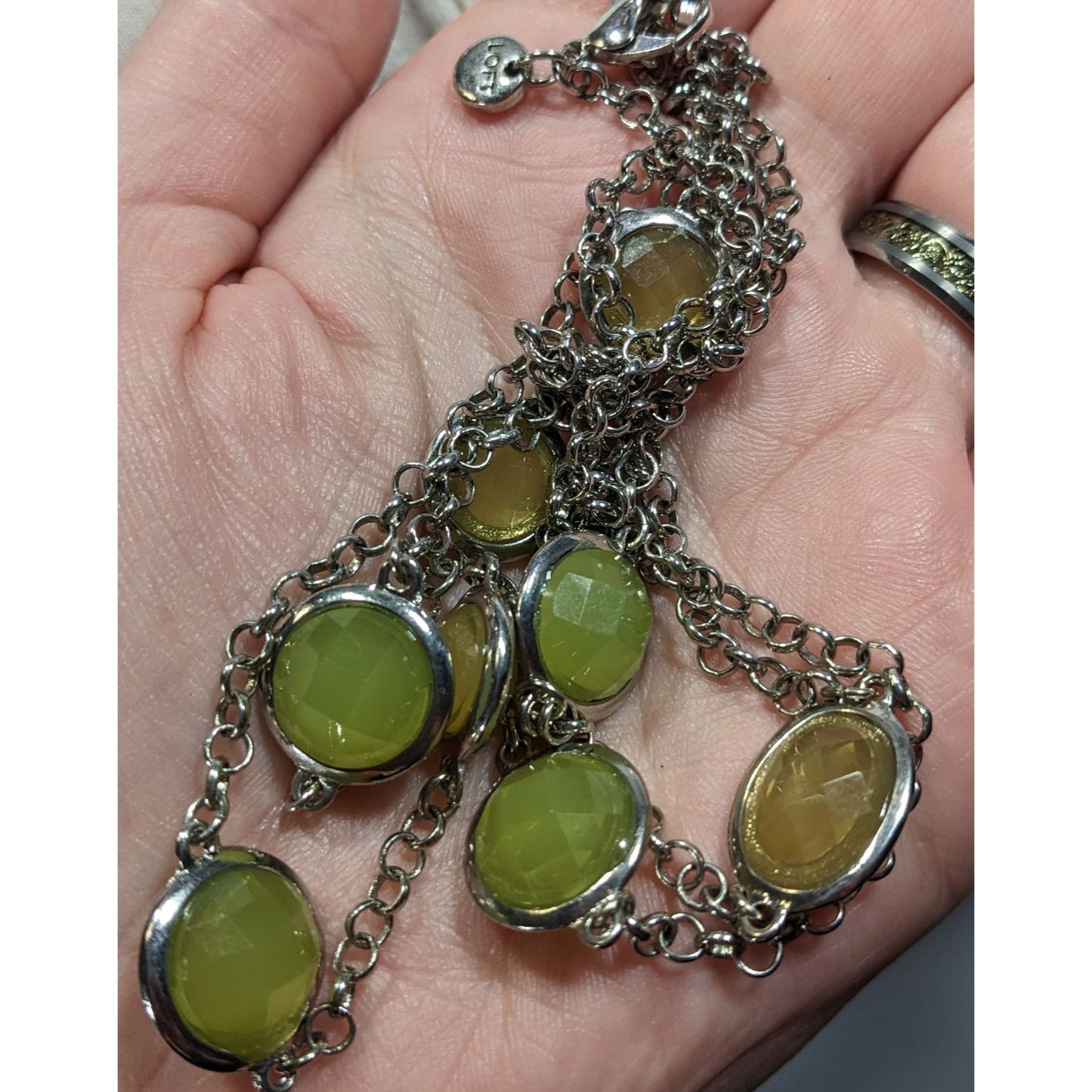 Loft Green And Yellow Gemmed Station Necklace On Silver Tone Rolo Chain