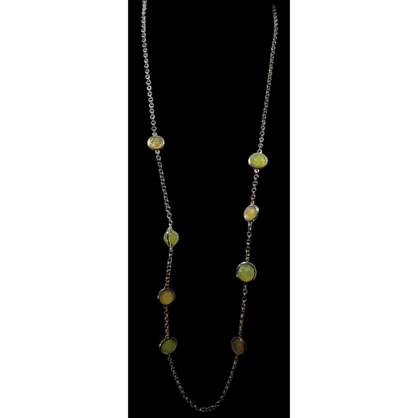 Loft Green And Yellow Gemmed Station Necklace On Silver Tone Rolo Chain
