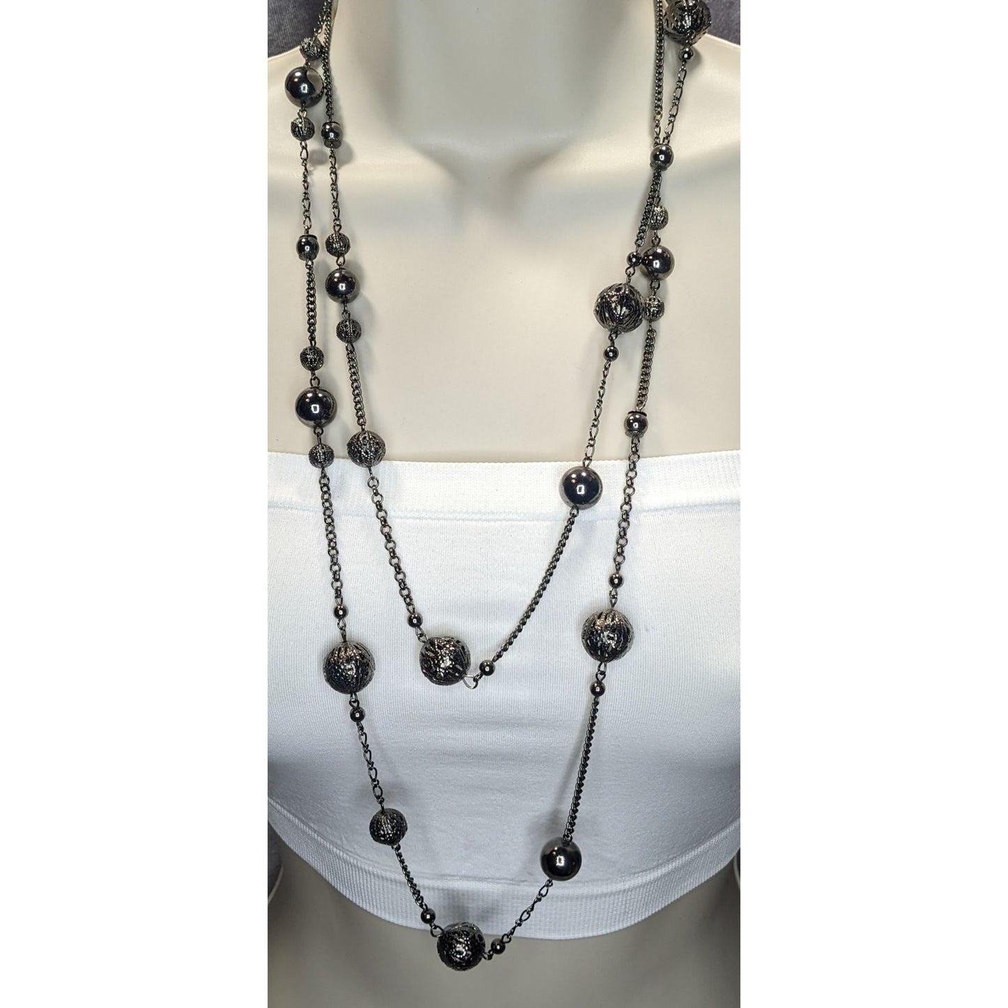 Y2k Going Out Gunmetal-Tone Long Station Necklace With Hollow Beads