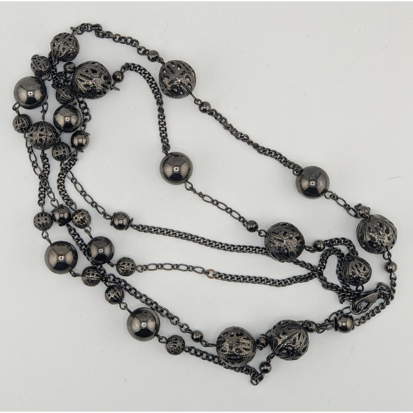 Y2k Going Out Gunmetal-Tone Long Station Necklace With Hollow Beads