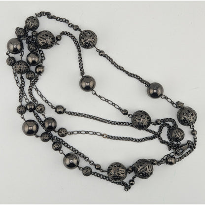 Y2k Going Out Gunmetal-Tone Long Station Necklace With Hollow Beads