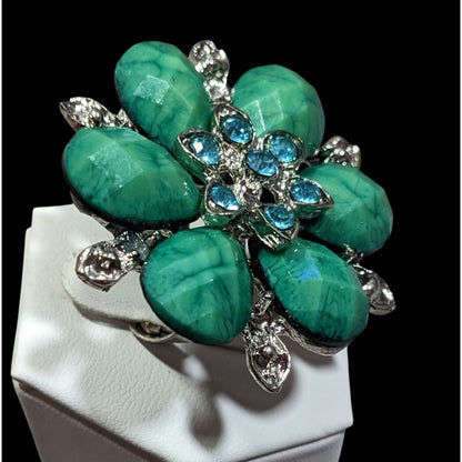 Fairycore Floral Glam Green And Silver Tone Adjustable Ring