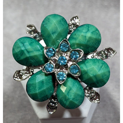 Fairycore Floral Glam Green And Silver Tone Adjustable Ring
