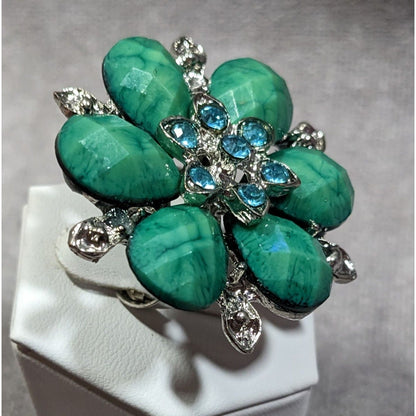 Fairycore Floral Glam Green And Silver Tone Adjustable Ring
