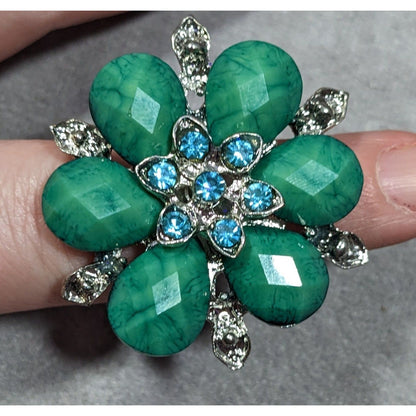 Fairycore Floral Glam Green And Silver Tone Adjustable Ring