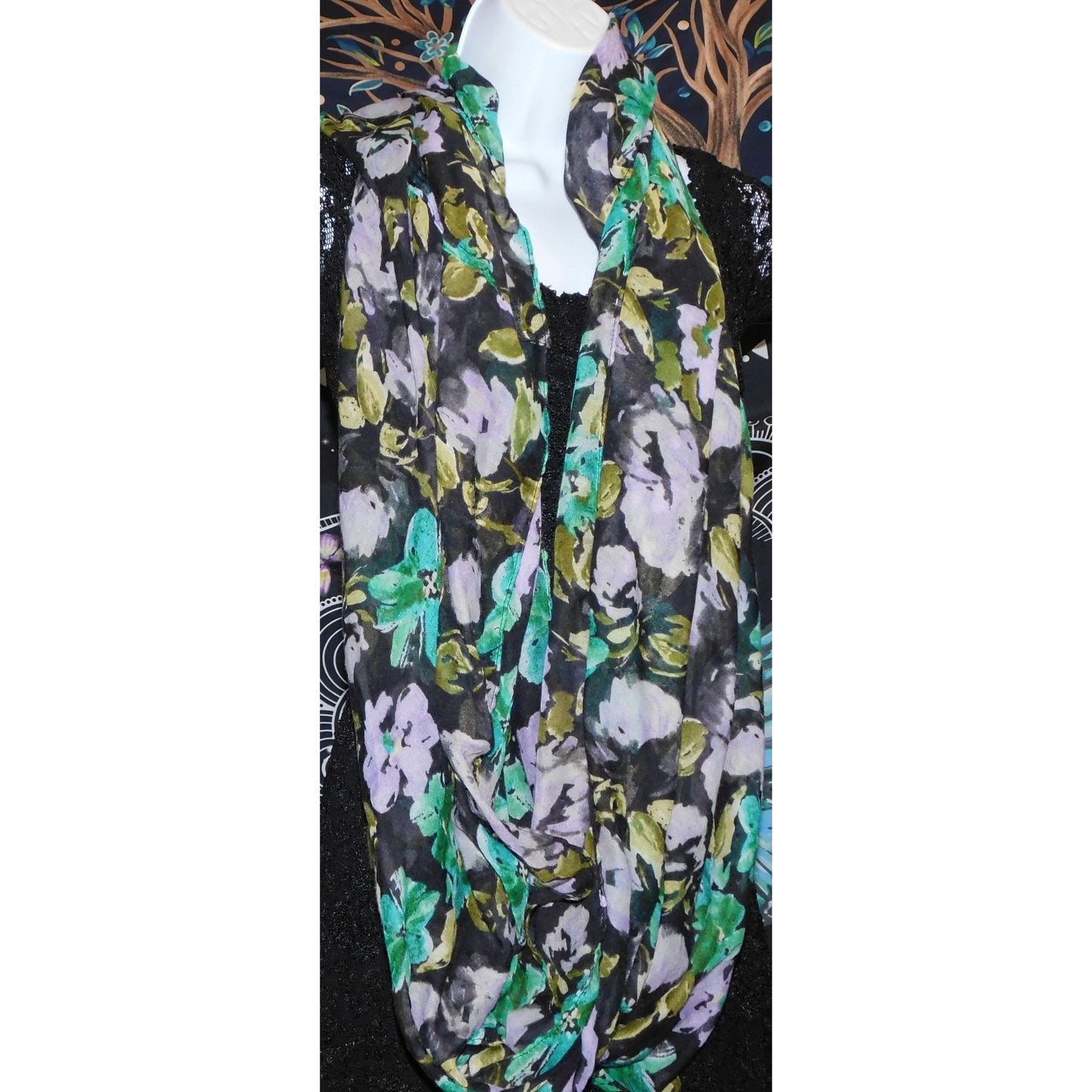 Cottgaecore Floral Infinity Scarf Lightweight Black With Green & Purple Design