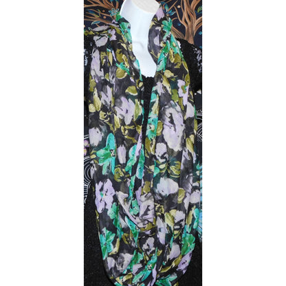 Cottgaecore Floral Infinity Scarf Lightweight Black With Green & Purple Design