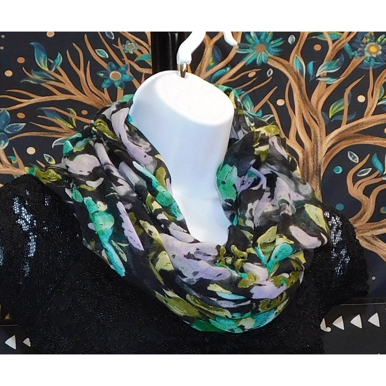 Cottgaecore Floral Infinity Scarf Lightweight Black With Green & Purple Design