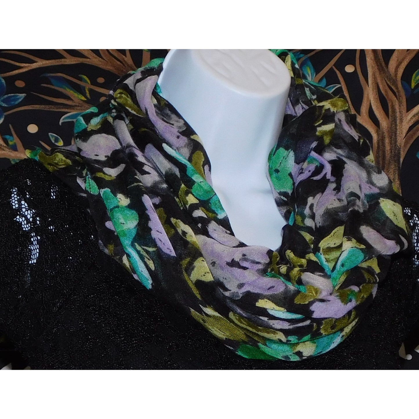 Cottgaecore Floral Infinity Scarf Lightweight Black With Green & Purple Design