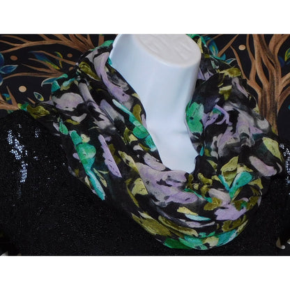 Cottgaecore Floral Infinity Scarf Lightweight Black With Green & Purple Design