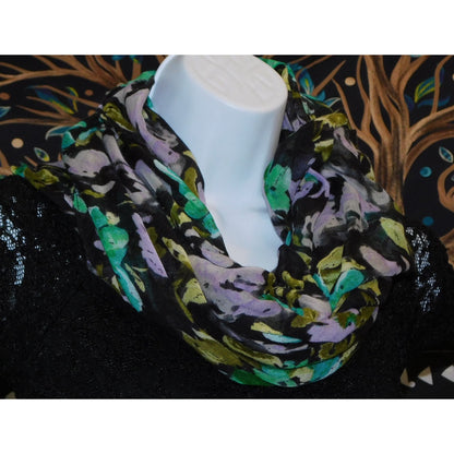 Cottgaecore Floral Infinity Scarf Lightweight Black With Green & Purple Design