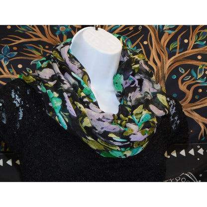 Cottgaecore Floral Infinity Scarf Lightweight Black With Green & Purple Design