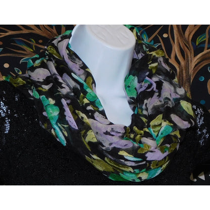 Cottgaecore Floral Infinity Scarf Lightweight Black With Green & Purple Design