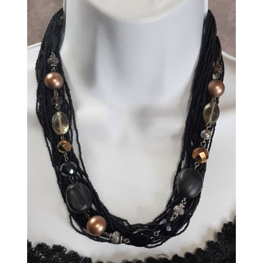 Vintage Coldwater Creek Multi-Strand Black Beaded Necklace With Bronze And Gold Tone Accents