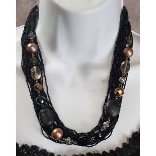 Vintage Coldwater Creek Multi-Strand Black Beaded Necklace With Bronze And Gold Tone Accents