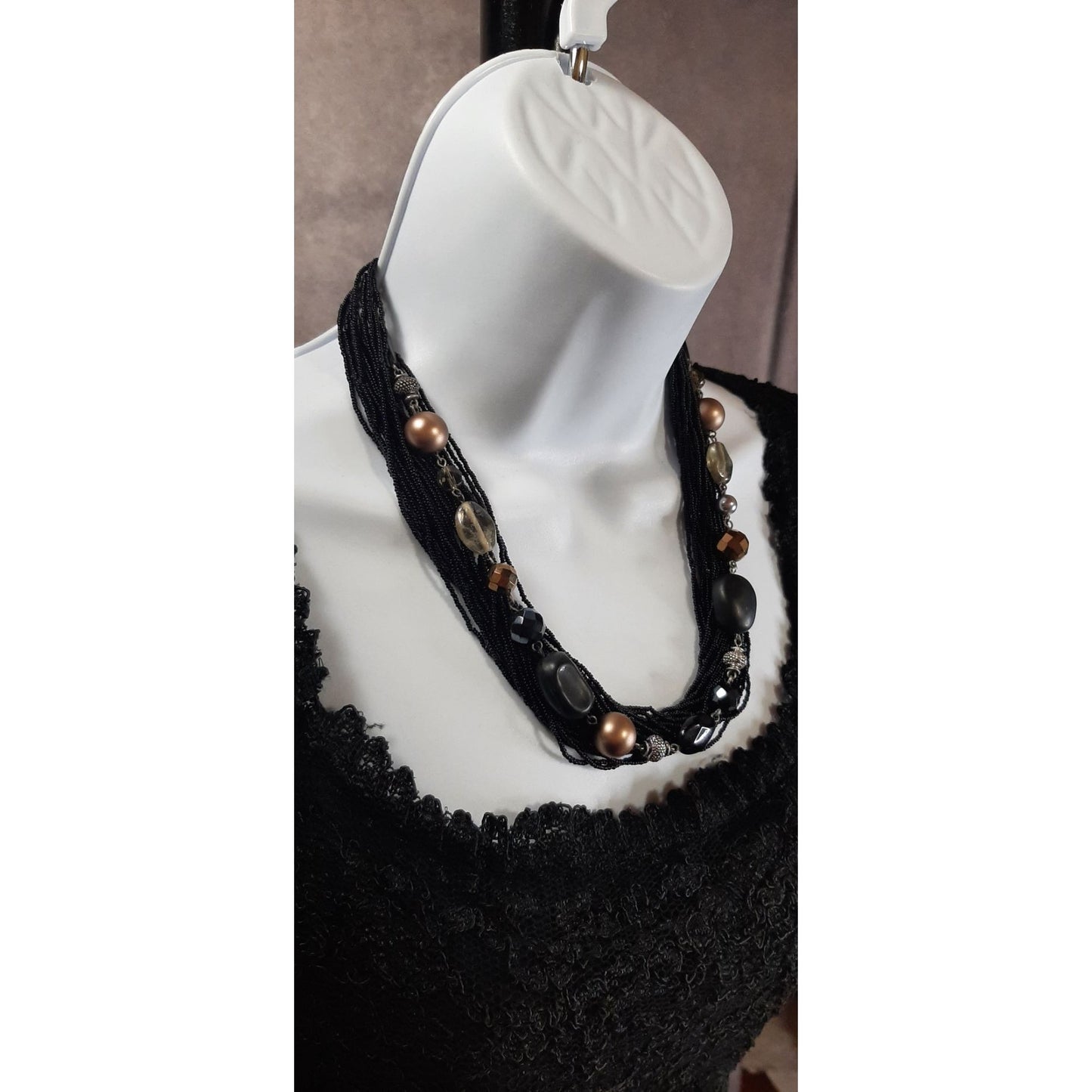 Vintage Coldwater Creek Multi-Strand Black Beaded Necklace With Bronze And Gold Tone Accents