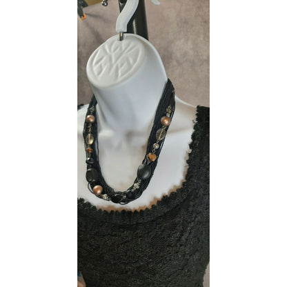 Vintage Coldwater Creek Multi-Strand Black Beaded Necklace With Bronze And Gold Tone Accents