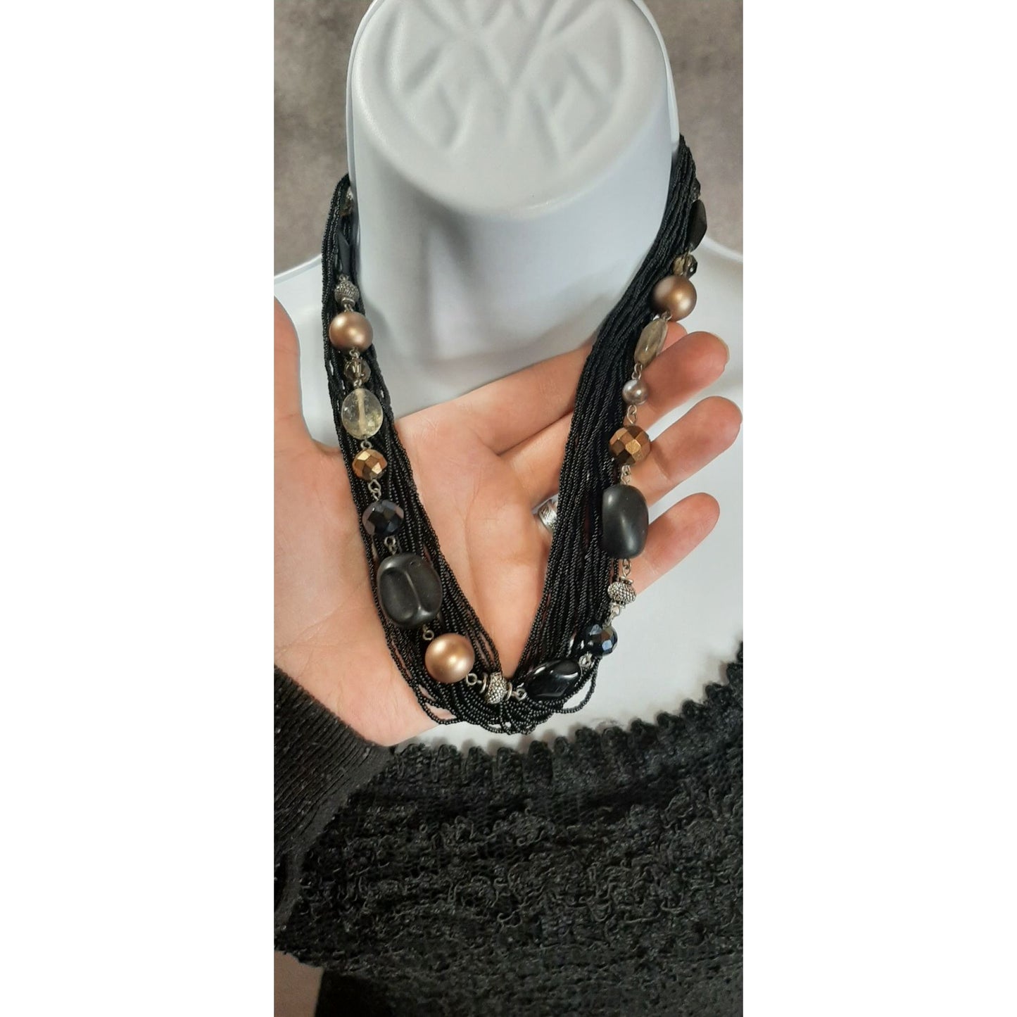 Vintage Coldwater Creek Multi-Strand Black Beaded Necklace With Bronze And Gold Tone Accents