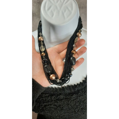 Vintage Coldwater Creek Multi-Strand Black Beaded Necklace With Bronze And Gold Tone Accents