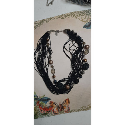 Vintage Coldwater Creek Multi-Strand Black Beaded Necklace With Bronze And Gold Tone Accents