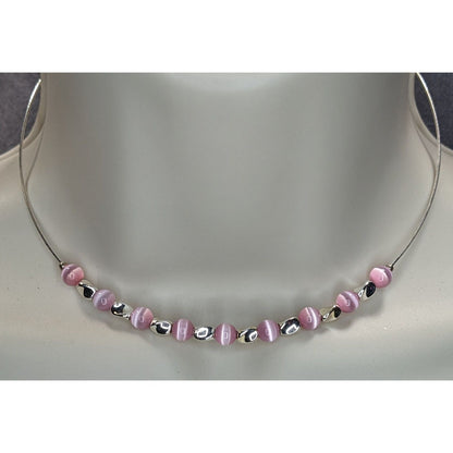 Y2K Pink Cat Eye Beaded Collar Necklace Silver Tone Minimalist Choker