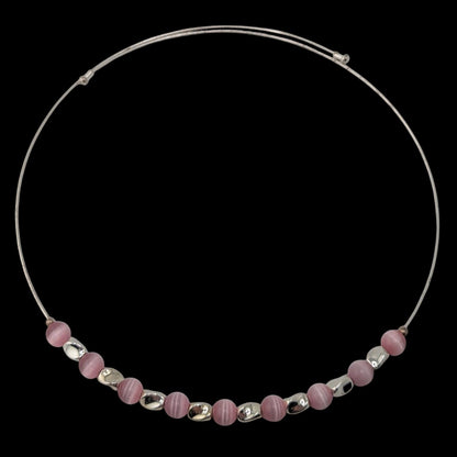 Y2K Pink Cat Eye Beaded Collar Necklace Silver Tone Minimalist Choker