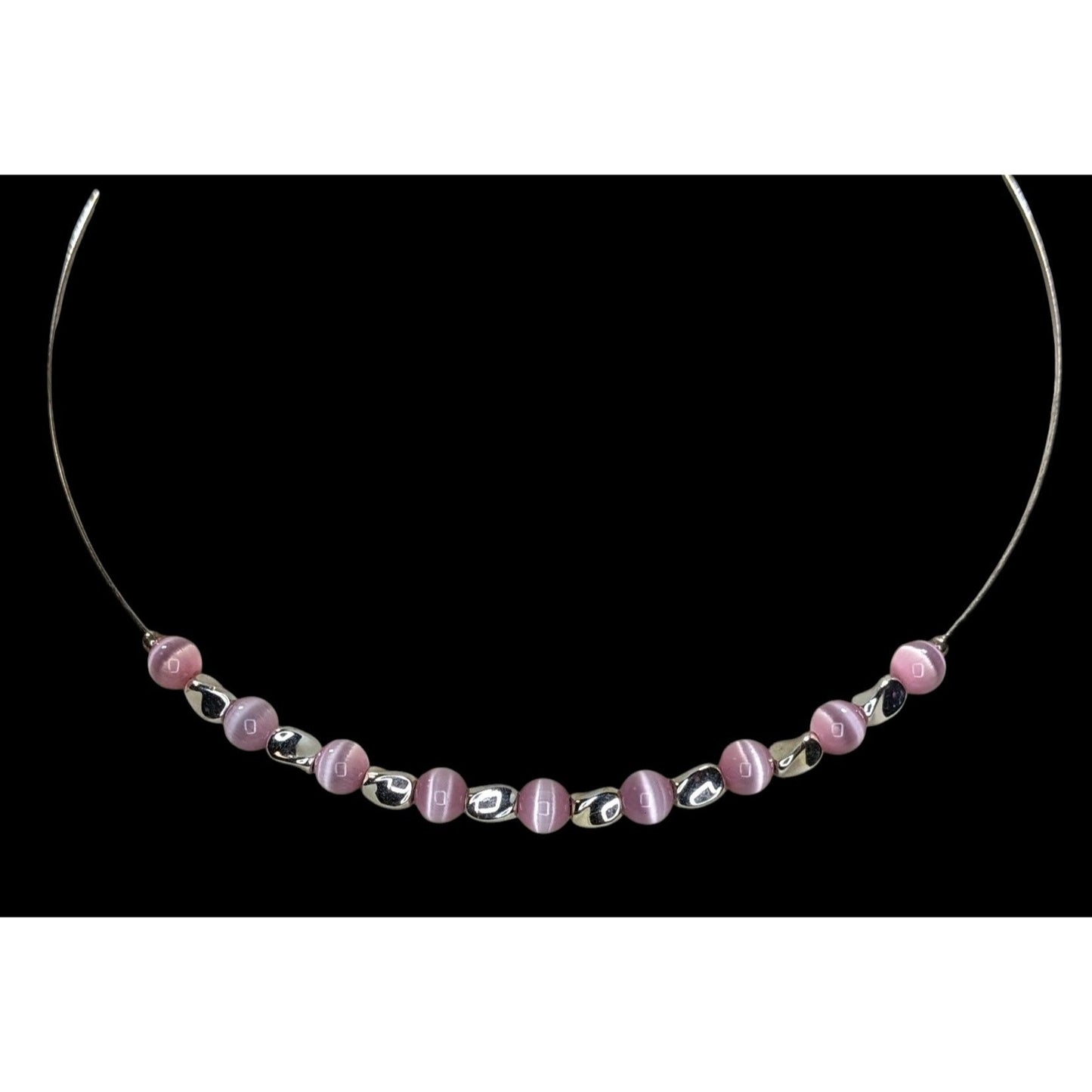 Y2K Pink Cat Eye Beaded Collar Necklace Silver Tone Minimalist Choker