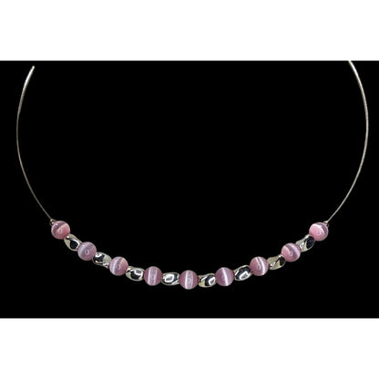 Y2K Pink Cat Eye Beaded Collar Necklace Silver Tone Minimalist Choker