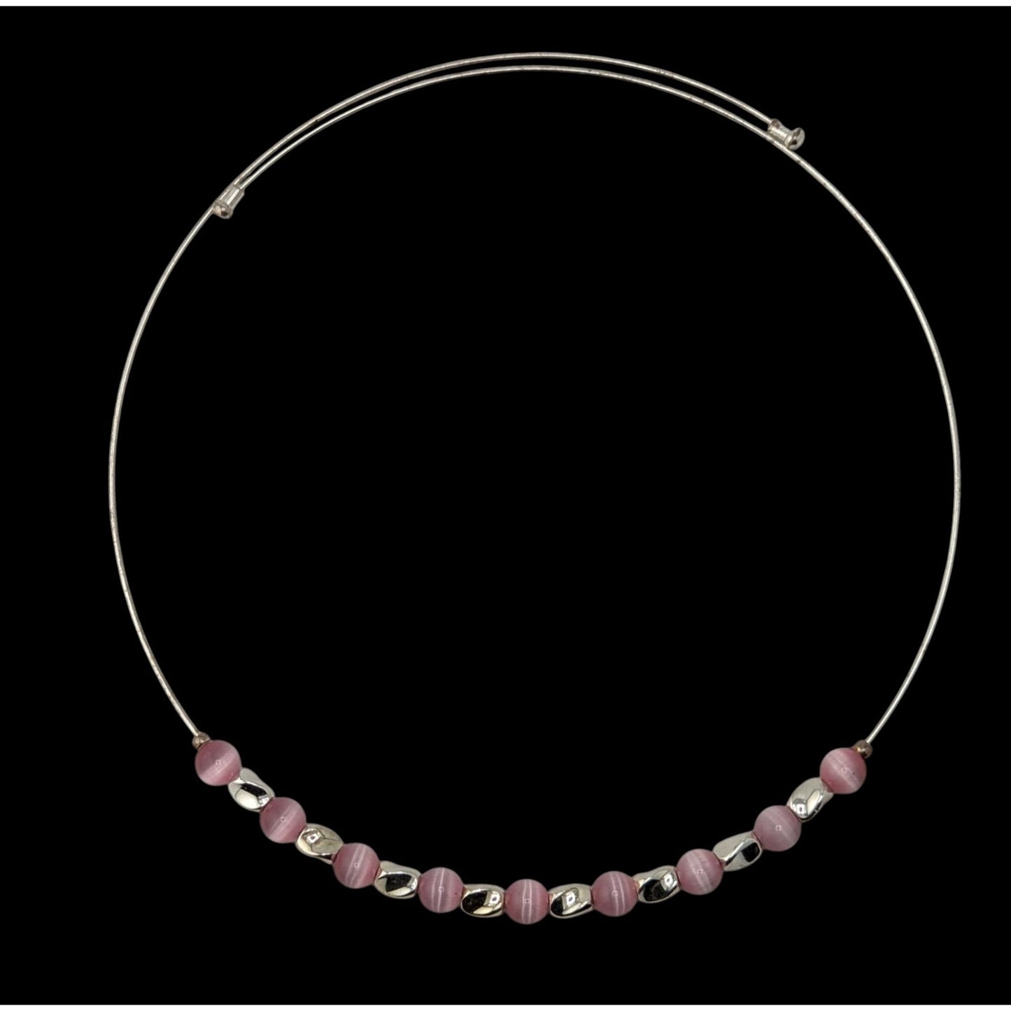 Y2K Pink Cat Eye Beaded Collar Necklace Silver Tone Minimalist Choker