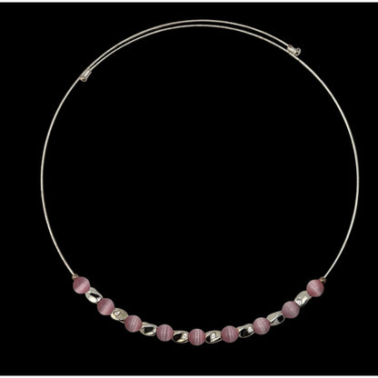 Y2K Pink Cat Eye Beaded Collar Necklace Silver Tone Minimalist Choker