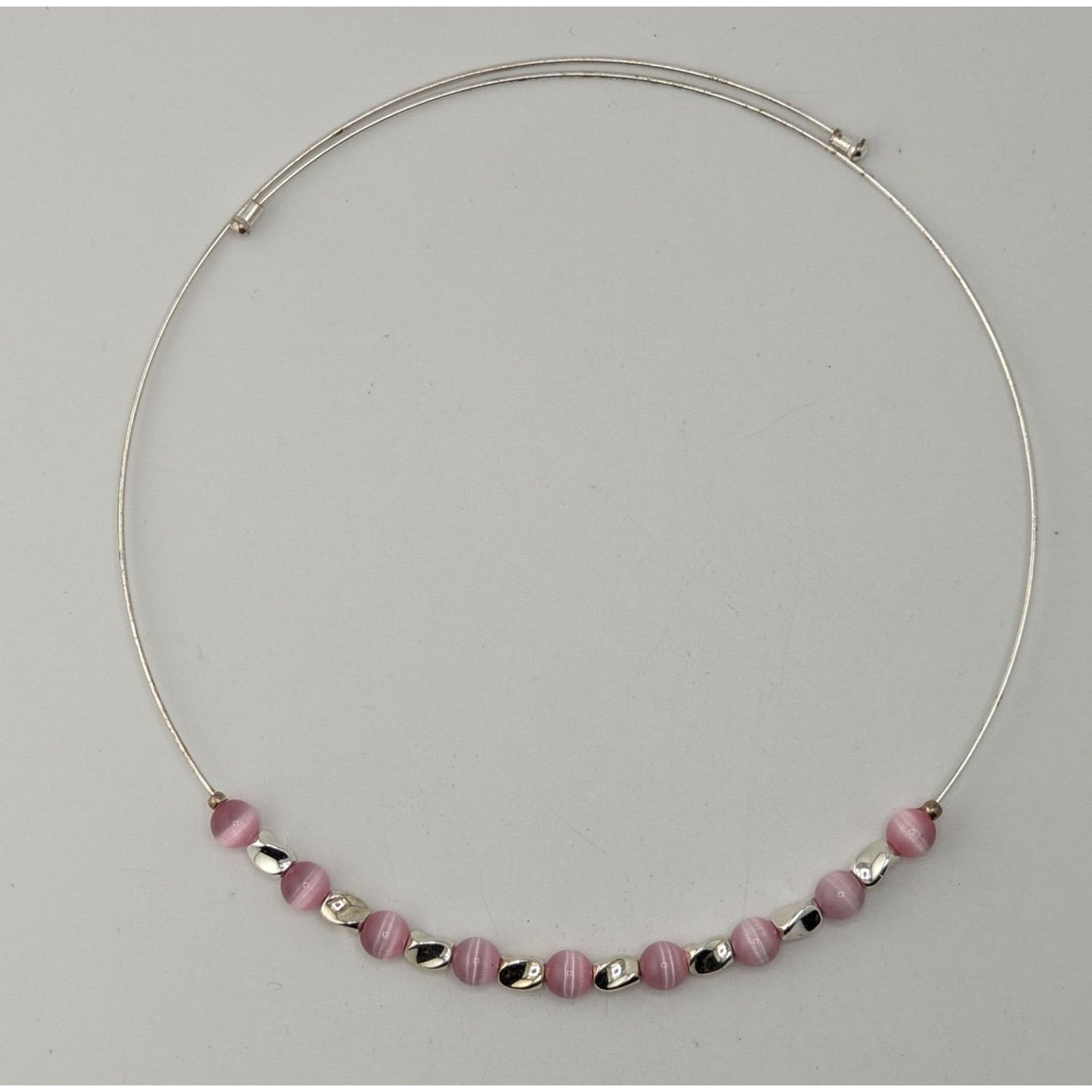 Y2K Pink Cat Eye Beaded Collar Necklace Silver Tone Minimalist Choker