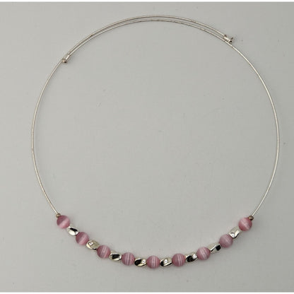 Y2K Pink Cat Eye Beaded Collar Necklace Silver Tone Minimalist Choker