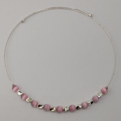 Y2K Pink Cat Eye Beaded Collar Necklace Silver Tone Minimalist Choker