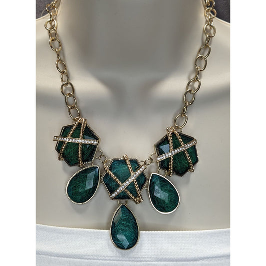 Royal Glam Gold-Tone Statement Necklace With Emerald-Like Geometric & Teardrop Gems And Rhinestone Accents