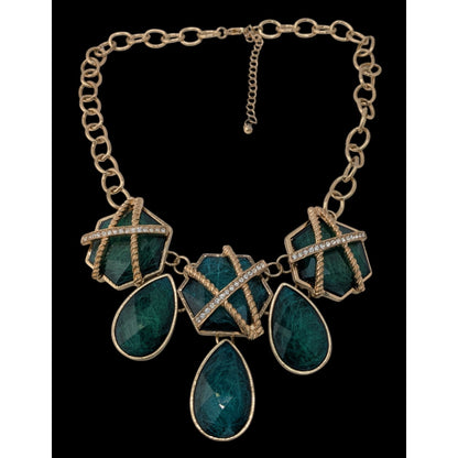 Royal Glam Gold-Tone Statement Necklace With Emerald-Like Geometric & Teardrop Gems And Rhinestone Accents