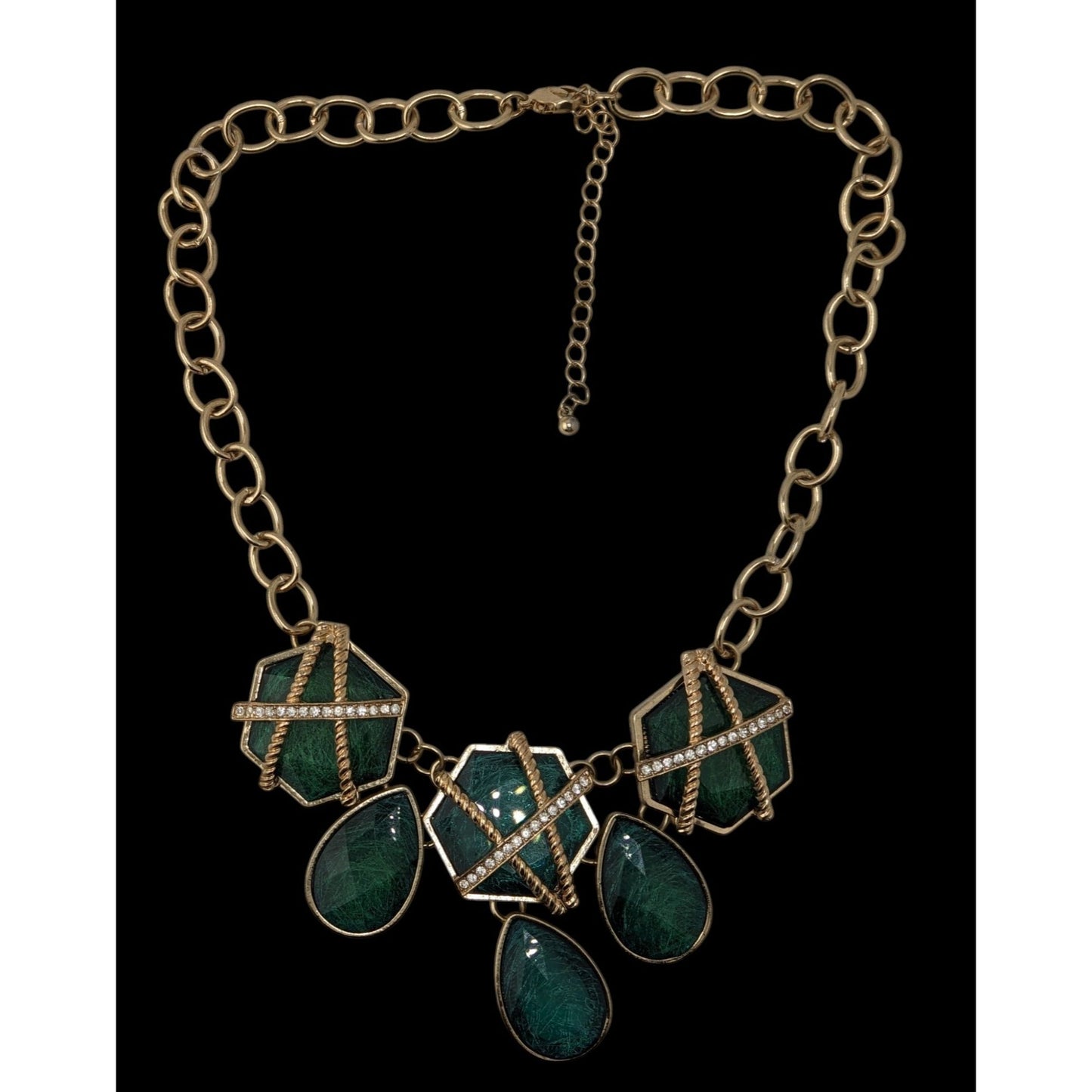 Royal Glam Gold-Tone Statement Necklace With Emerald-Like Geometric & Teardrop Gems And Rhinestone Accents