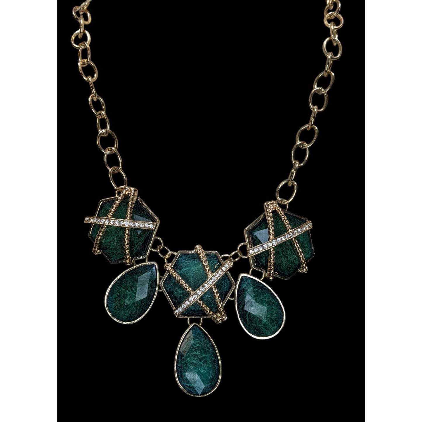 Royal Glam Gold-Tone Statement Necklace With Emerald-Like Geometric & Teardrop Gems And Rhinestone Accents