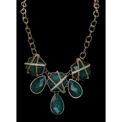 Royal Glam Gold-Tone Statement Necklace With Emerald-Like Geometric & Teardrop Gems And Rhinestone Accents