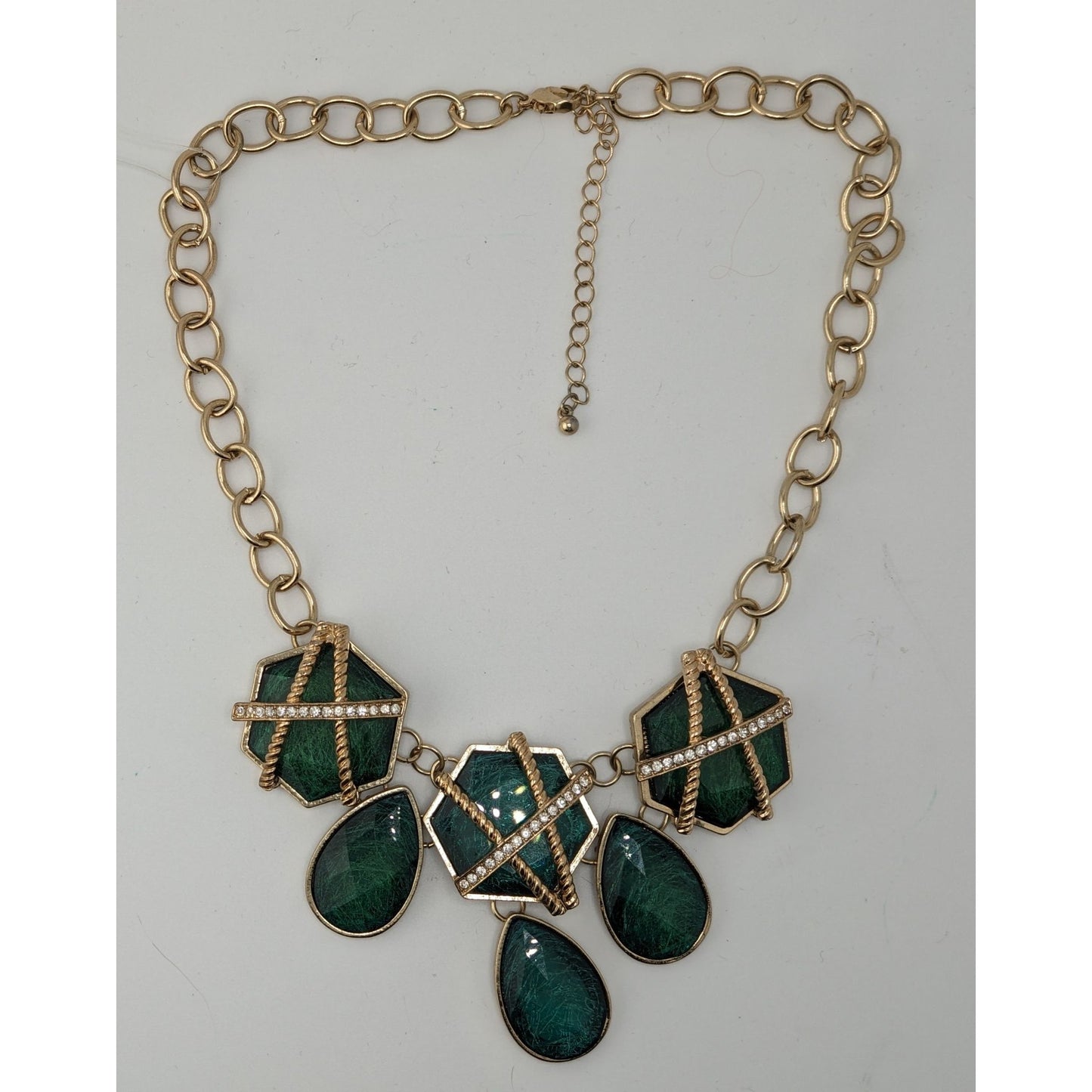 Royal Glam Gold-Tone Statement Necklace With Emerald-Like Geometric & Teardrop Gems And Rhinestone Accents