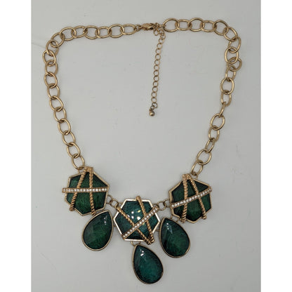Royal Glam Gold-Tone Statement Necklace With Emerald-Like Geometric & Teardrop Gems And Rhinestone Accents