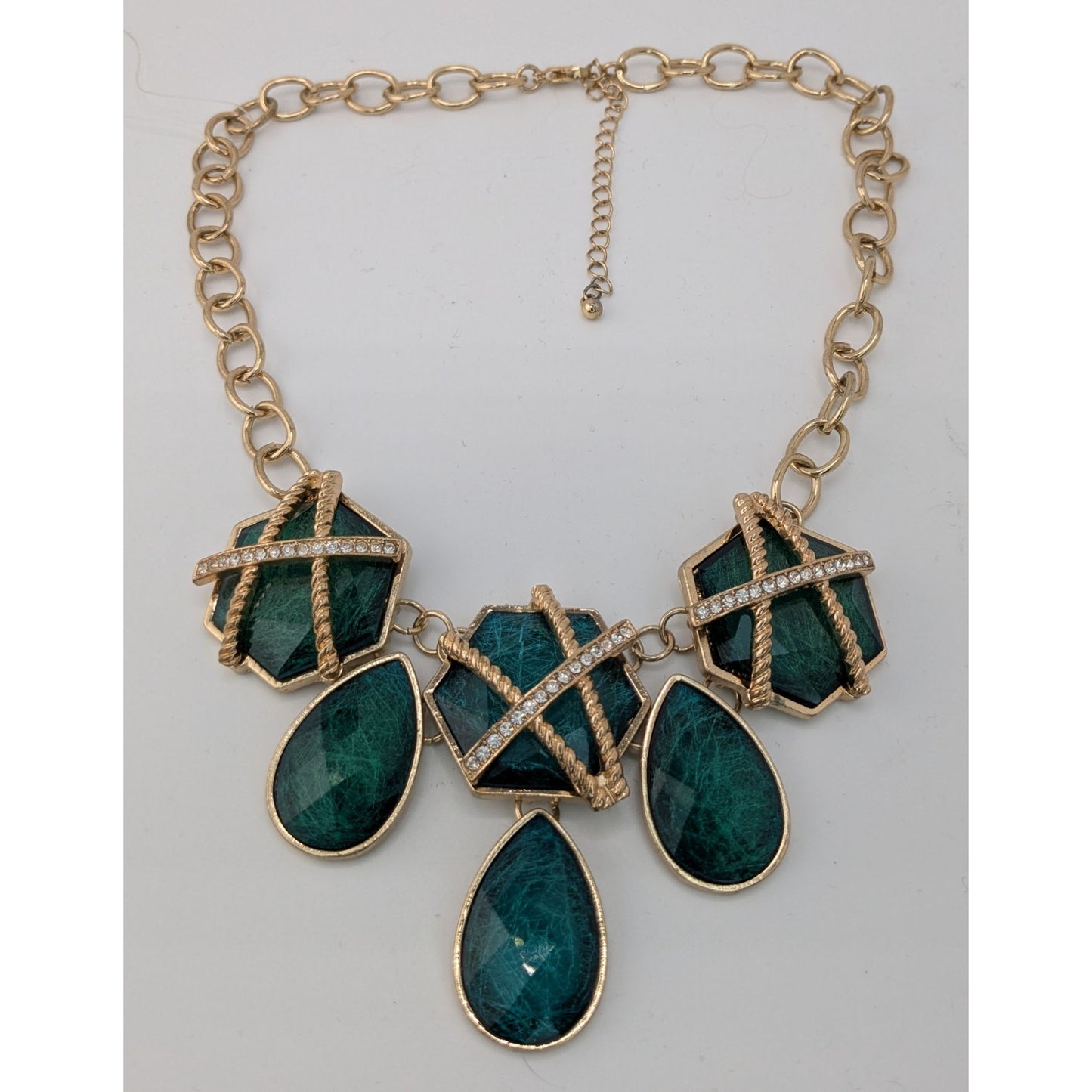 Royal Glam Gold-Tone Statement Necklace With Emerald-Like Geometric & Teardrop Gems And Rhinestone Accents