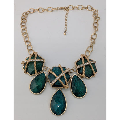 Royal Glam Gold-Tone Statement Necklace With Emerald-Like Geometric & Teardrop Gems And Rhinestone Accents
