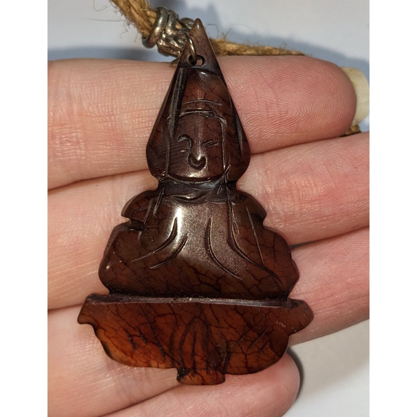 Carved Stone Buddha Pendant Necklace Brown Stone Zen Meditation Boho Spiritual Cord Necklace